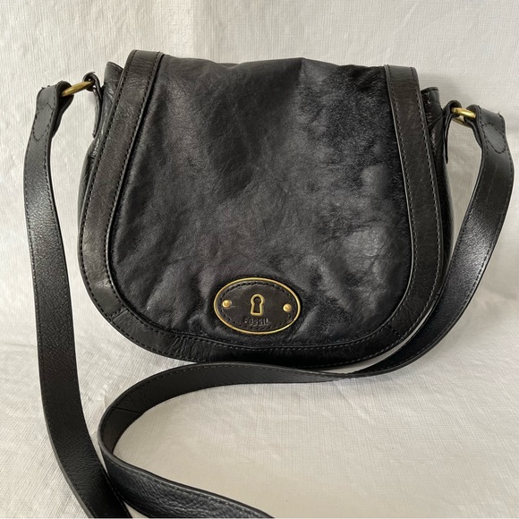 Fossil Bags Fossil Black Leather Calf Hair Saddle Bag Crossbody
